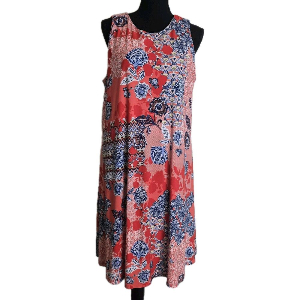 AK Midi Shift Dress Size XL Red Blue Geometric Floral Keyhole Sleeveless